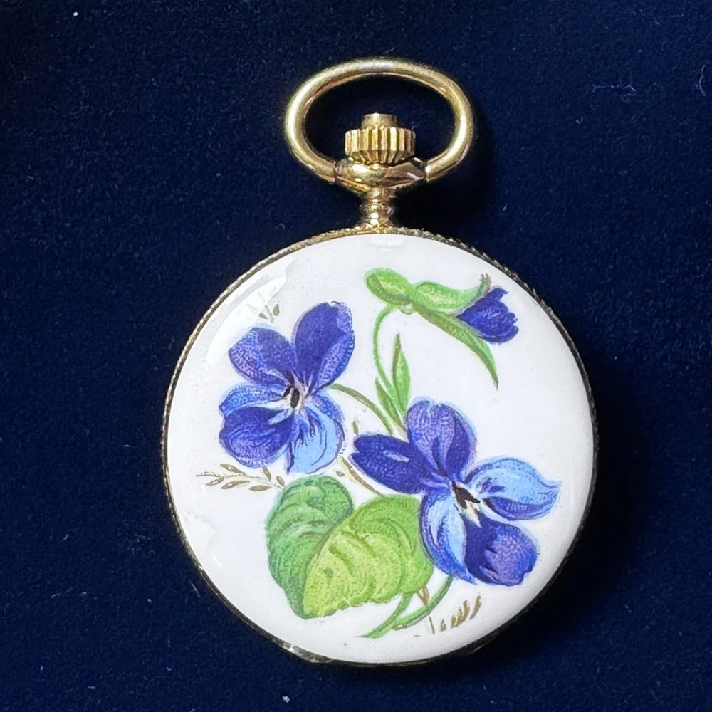 Vintage Bucherer Gold Floral Ceramic Quartz Pendant Watch Violet
